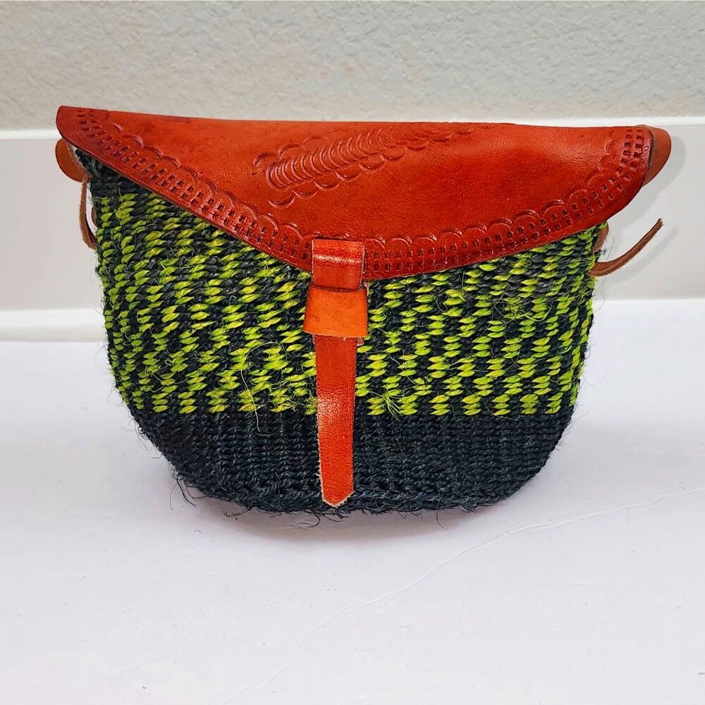 Handmade Woven Green & Black Crossbody Bag With Leather Strap & Flap Closure